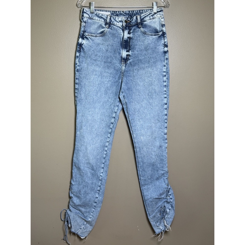 Zara High Rise Slim Fit Lace Up Jeans Size 8 Light Wash Raw Hem